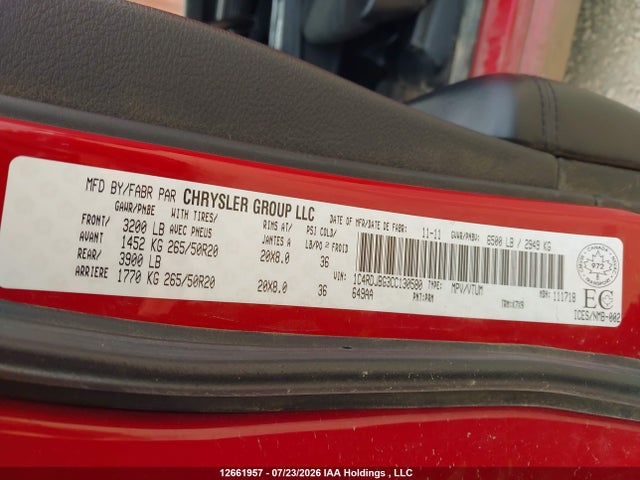 12661957 :رقم المزاد ، 1C4RDJBG3CC130580 vin ، 2012 Dodge Durango Heat مزاد بيع