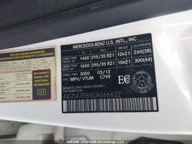 Aukcja sprzedaży 2012 Mercedes-benz Ml 63 Amg, vin: 4JGDA7EB5CA066622, numer aukcji: 12661966
