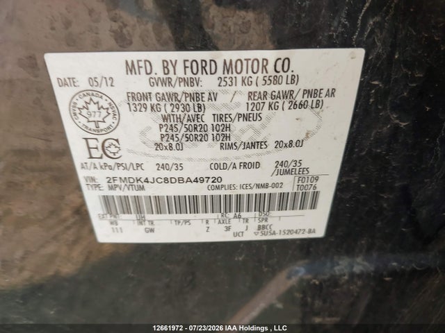 Продажа на аукционе авто 2013 Ford Edge Sel, vin: 2FMDK4JC8DBA49720, номер лота: 12661972