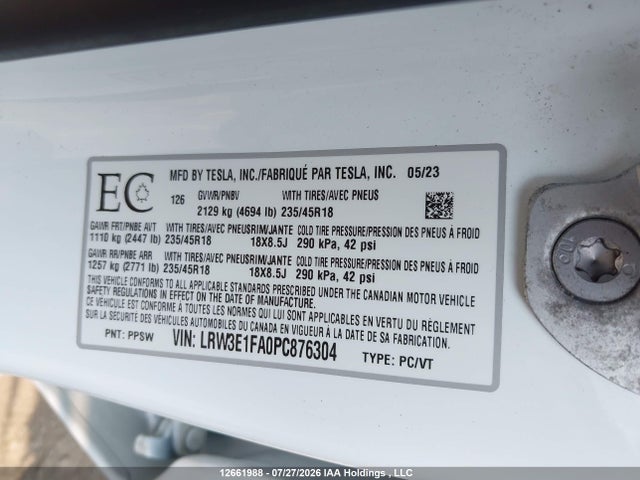 Tesla MODEL 3 2023 LRW3E1FA0PC876304 Image 9