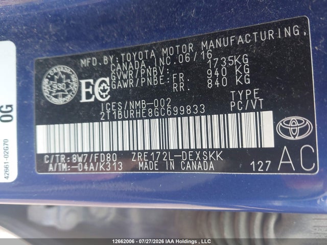 Продаж на аукціоні авто 2016 Toyota Corolla L/le/le Pls/prm/s/s Pls, vin: 2T1BURHE8GC699833, номер лоту: 12662006