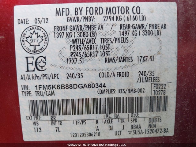 12662012 :رقم المزاد ، 1FM5K8B88DGA60344 vin ، 2013 Ford Explorer مزاد بيع
