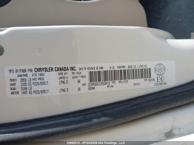 Продажа на аукционе авто 2012 Dodge Grand Caravan, vin: 2C4RDGDG1CR258419, номер лота: 12662013