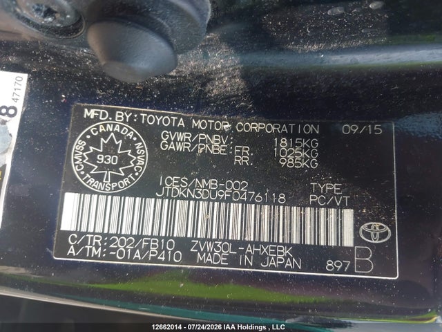 Toyota Prius 2015 JTDKN3DU9F0476118 Image 9