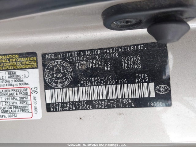 2007 Toyota Camry Le V6/se V6/xle V6 მანქანა იყიდება აუქციონზე, vin: 4T1BK46K27U001426, აუქციონის ნომერი: 12662028