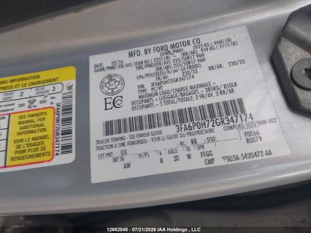 12662045 :رقم المزاد ، 3FA6P0H72GR347174 vin ، 2016 Ford Fusion Se مزاد بيع