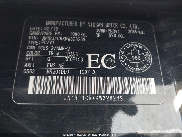 12662047 :رقم المزاد ، JN1BJ1CRXKW328289 vin ، 2019 Nissan Qashqai S/sl/sv مزاد بيع