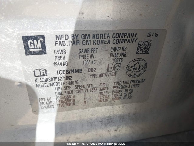 12642171 :رقم المزاد ، KL4CJASB7FB271062 vin ، 2015 Buick Encore Convenience مزاد بيع