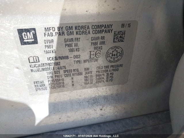 12642171 :رقم المزاد ، KL4CJASB7FB271062 vin ، 2015 Buick Encore Convenience مزاد بيع