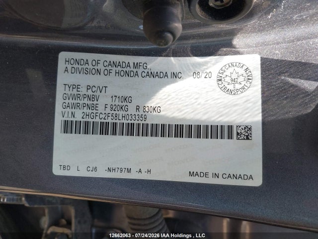 Honda Civic Lx 2020 2HGFC2F58LH033359 Image 9