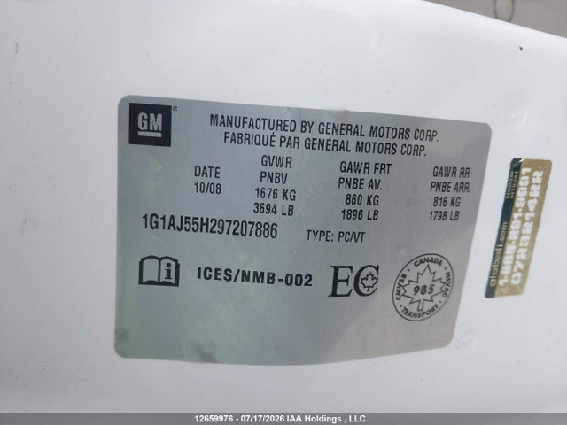 2009 Chevrolet Cobalt Ls მანქანა იყიდება აუქციონზე, vin: 1G1AJ55H297207886, აუქციონის ნომერი: 12659976