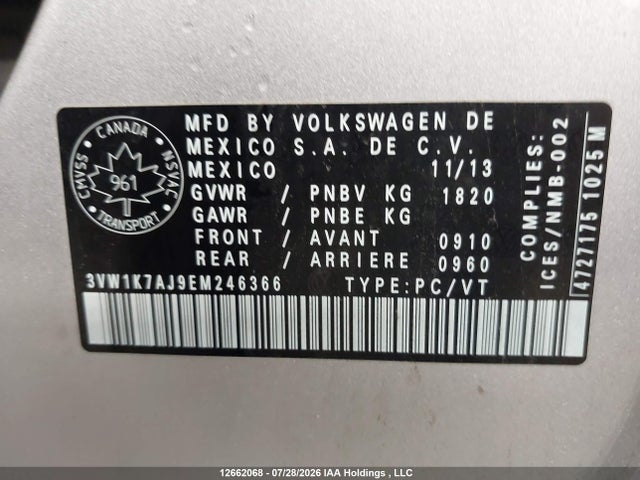 Volkswagen JETTA S 2014 3VW1K7AJ9EM246366 Image 9