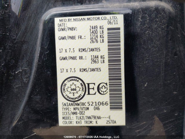 12659570 :رقم المزاد ، 5N1AN0NW3BC521066 vin ، 2011 Nissan Xterra X مزاد بيع