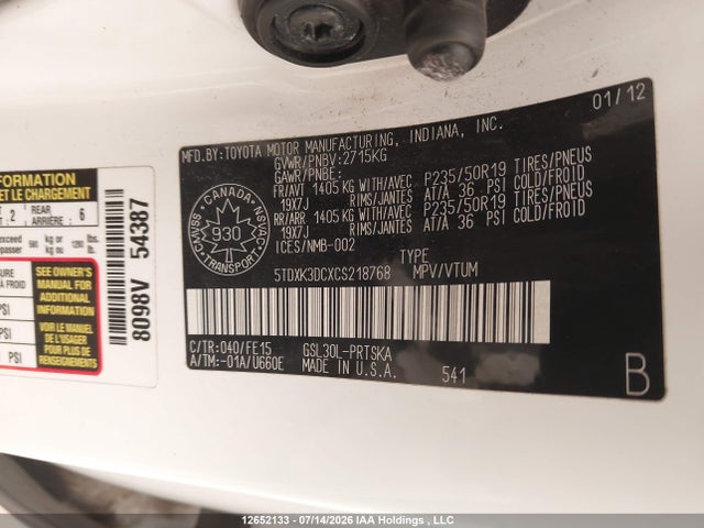 Продажа на аукционе авто 2012 Toyota Sienna Se 8 Passenger, vin: 5TDXK3DCXCS218768, номер лота: 12652133