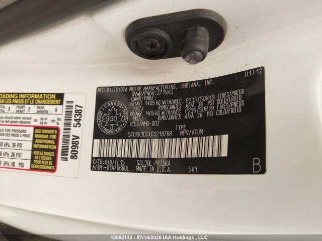 Продажа на аукционе авто 2012 Toyota Sienna Se 8 Passenger, vin: 5TDXK3DCXCS218768, номер лота: 12652133