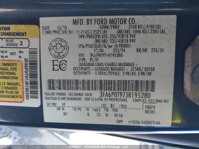 2018 Ford Fusion Se მანქანა იყიდება აუქციონზე, vin: 3FA6P0T97JR195280, აუქციონის ნომერი: 12662071