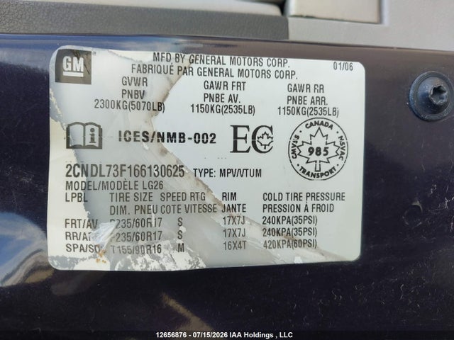 2006 Chevrolet Equinox Lt მანქანა იყიდება აუქციონზე, vin: 2CNDL73F166130625, აუქციონის ნომერი: 12656876
