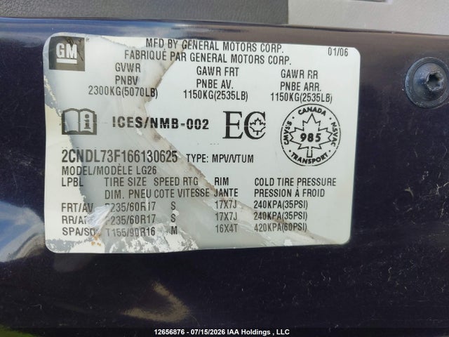 2006 Chevrolet Equinox Lt მანქანა იყიდება აუქციონზე, vin: 2CNDL73F166130625, აუქციონის ნომერი: 12656876