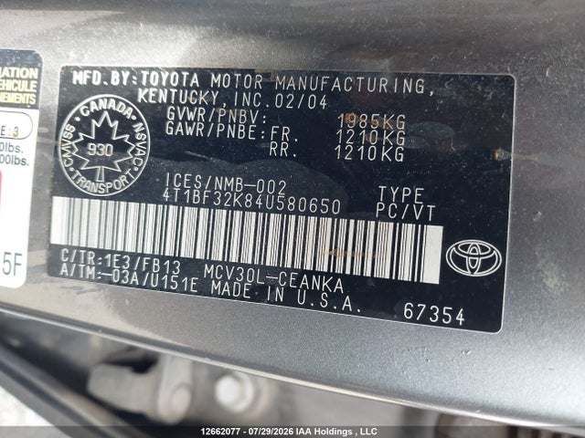 Продаж на аукціоні авто 2004 Toyota Camry Le/xle/se, vin: 4T1BF32K84U580650, номер лоту: 12662077