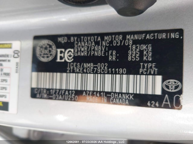 12662081 :رقم المزاد ، 2T1KE40E79C011190 vin ، 2009 Toyota Corolla Matrix S مزاد بيع
