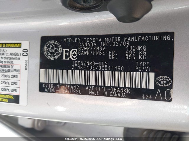 12662081 :رقم المزاد ، 2T1KE40E79C011190 vin ، 2009 Toyota Corolla Matrix S مزاد بيع
