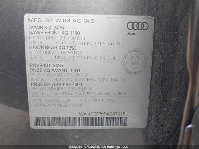 12662084 :رقم المزاد ، WA1LFCFP9DA087215 vin ، 2013 Audi Q5 Premium Plus مزاد بيع