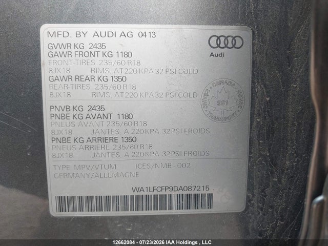 12662084 :رقم المزاد ، WA1LFCFP9DA087215 vin ، 2013 Audi Q5 Premium Plus مزاد بيع