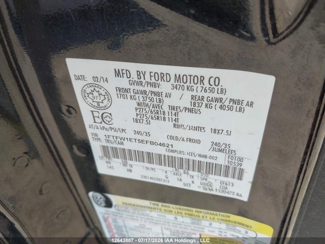 12643887 :رقم المزاد ، 1FTFW1ET5EFB04621 vin ، 2014 Ford F-150 Fx4/king Ranch/lariat/limited/platinum/xlt مزاد بيع