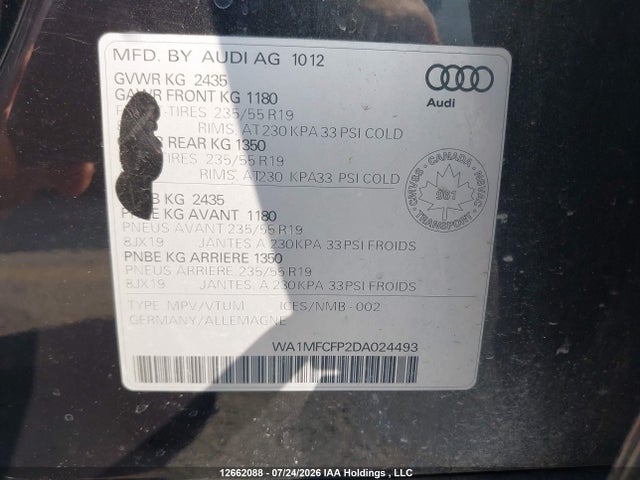 12662088 :رقم المزاد ، WA1MFCFP2DA024493 vin ، 2013 Audi Q5 مزاد بيع