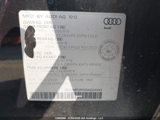 12662088 :رقم المزاد ، WA1MFCFP2DA024493 vin ، 2013 Audi Q5 مزاد بيع