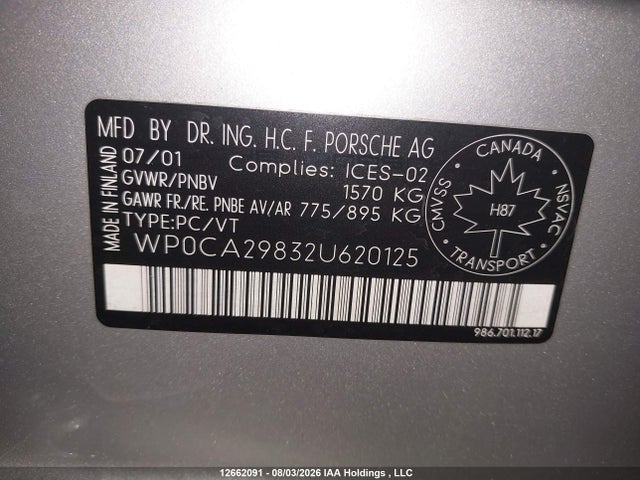 Aukcja sprzedaży 2002 Porsche Boxster, vin: WP0CA29832U620125, numer aukcji: 12662091