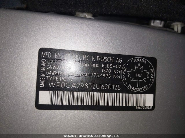 Aukcja sprzedaży 2002 Porsche Boxster, vin: WP0CA29832U620125, numer aukcji: 12662091