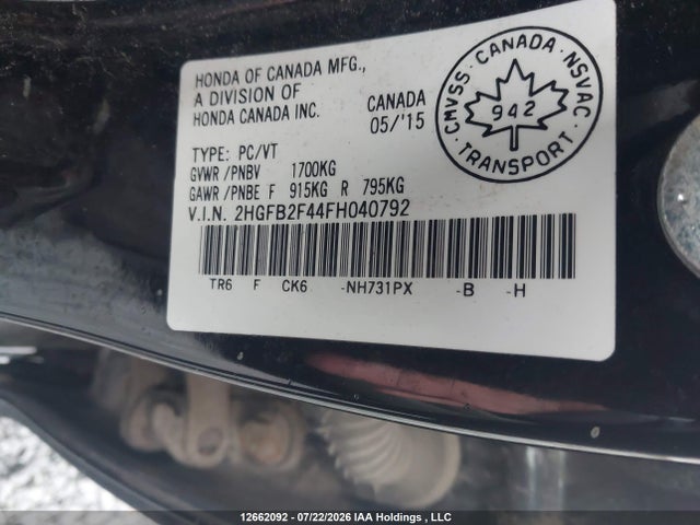 2015 Honda Civic Lx მანქანა იყიდება აუქციონზე, vin: 2HGFB2F44FH040792, აუქციონის ნომერი: 12662092