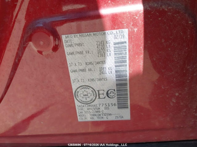 Aukcja sprzedaży 2019 Nissan Rogue S/sl/sv, vin: 5N1AT2MVXKC775156, numer aukcji: 12658696