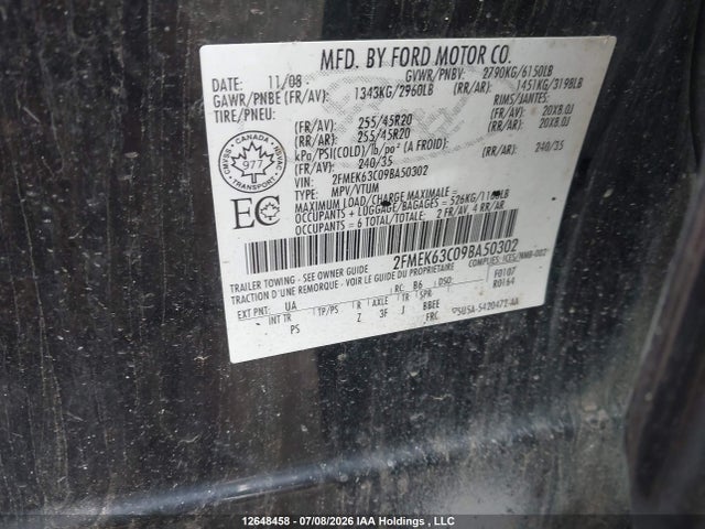 2009 Ford Flex Limited მანქანა იყიდება აუქციონზე, vin: 2FMEK63C09BA50302, აუქციონის ნომერი: 12648458