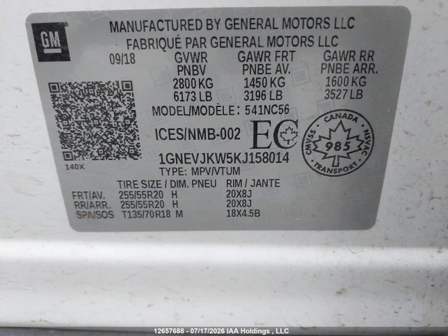 Chevrolet Traverse Rs 2019 1GNEVJKW5KJ158014 Image 9