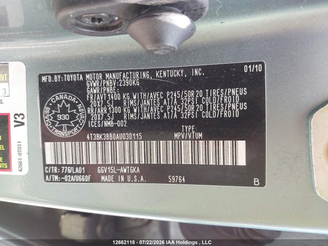Продажа на аукционе авто 2010 Toyota Venza Base V6, vin: 4T3BK3BB0AU030115, номер лота: 12662118