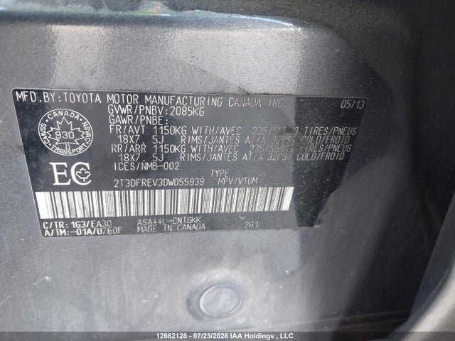 Aukcja sprzedaży 2013 Toyota Rav4 Limited, vin: 2T3DFREV3DW055939, numer aukcji: 12662128