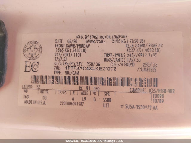 12662136 :رقم المزاد ، 1FTFX1C4XLKE29276 vin ، 2020 Ford F-150 مزاد بيع