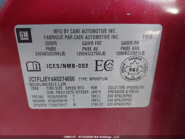 Продажа на аукционе авто 2010 Gmc Terrain Slt, vin: 2CTFLJEY4A6274806, номер лота: 12662137
