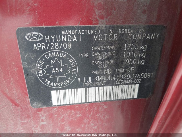 Продаж на аукціоні авто 2009 Hyundai Elantra Gl/l, vin: KMHDU45D29U765091, номер лоту: 12662142