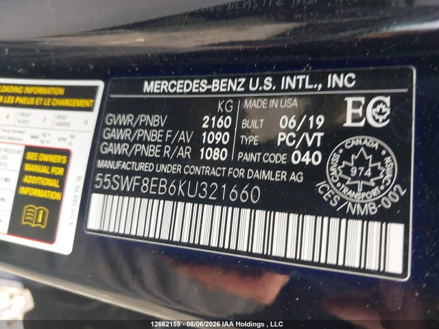 Продаж на аукціоні авто 2019 Mercedes-benz C 300 4matic, vin: 55SWF8EB6KU321660, номер лоту: 12662159