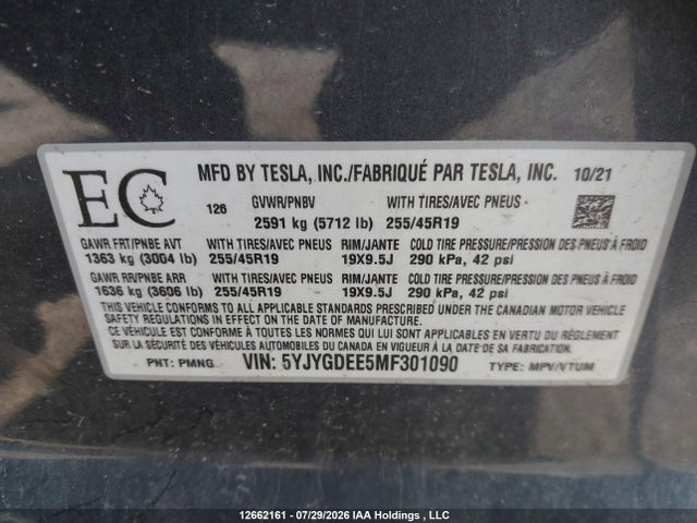 Продажа на аукционе авто 2021 Tesla Model Y Long Range, vin: 5YJYGDEE5MF301090, номер лота: 12662161
