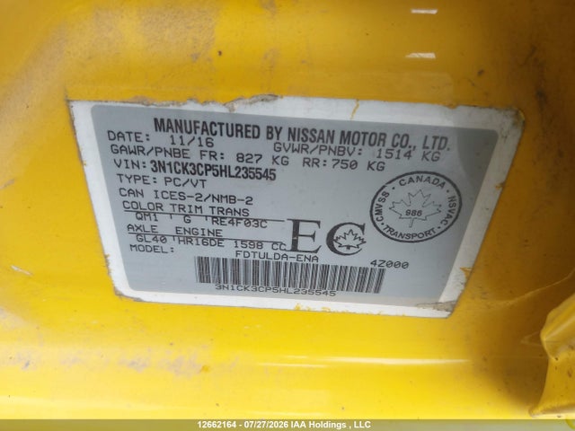 12662164 :رقم المزاد ، 3N1CK3CP5HL235545 vin ، 2017 Nissan Micra S/sr/sv مزاد بيع