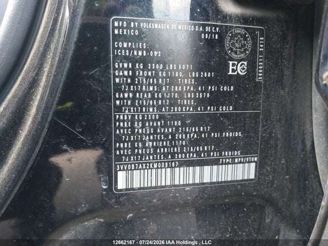 Продажа на аукционе авто 2019 Volkswagen Tiguan Trendline, vin: 3VV0B7AX2KM009167, номер лота: 12662167