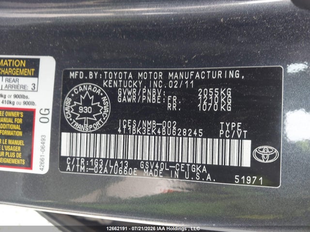 Продаж на аукціоні авто 2011 Toyota Camry, vin: 4T1BK3EK4BU628245, номер лоту: 12662191