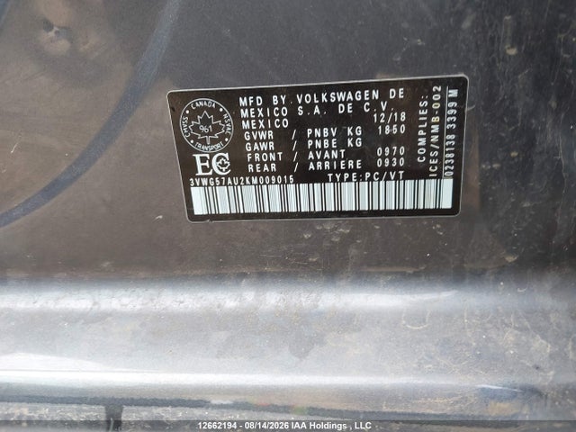 Продажа на аукционе авто 2019 Volkswagen Golf S/se, vin: 3VWG57AU2KM009015, номер лота: 12662194