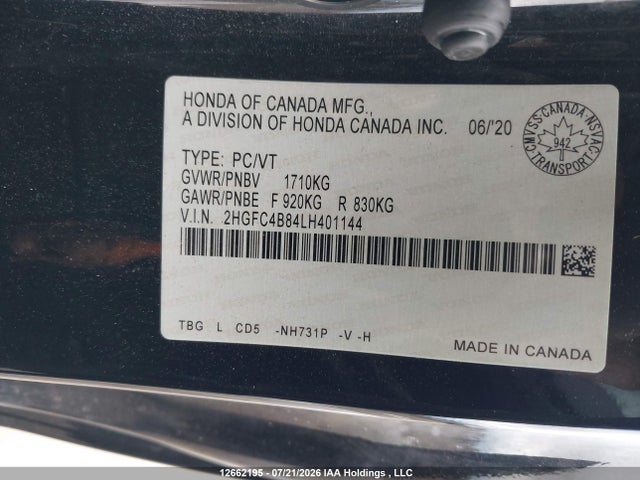 12662195 :رقم المزاد ، 2HGFC4B84LH401144 vin ، 2020 Honda Civic Sport مزاد بيع