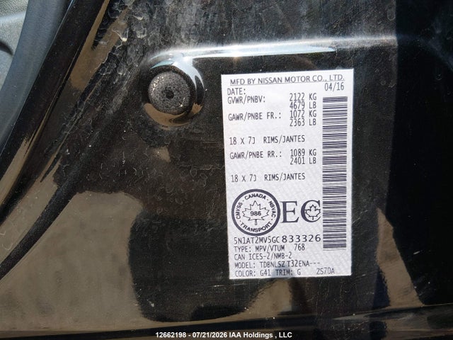 12662198 :رقم المزاد ، 5N1AT2MV5GC833326 vin ، 2016 Nissan Rogue S/sl Premium/sv مزاد بيع