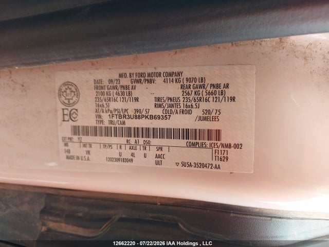 Продаж на аукціоні авто 2023 Ford Transit T-250, vin: 1FTBR3U88PKB69357, номер лоту: 12662220